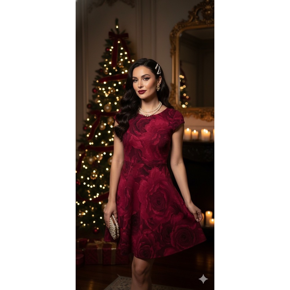 Red Rose Floral mini Dress XS Fit Flare Skater Valentines Romantic olivia‎ Mat